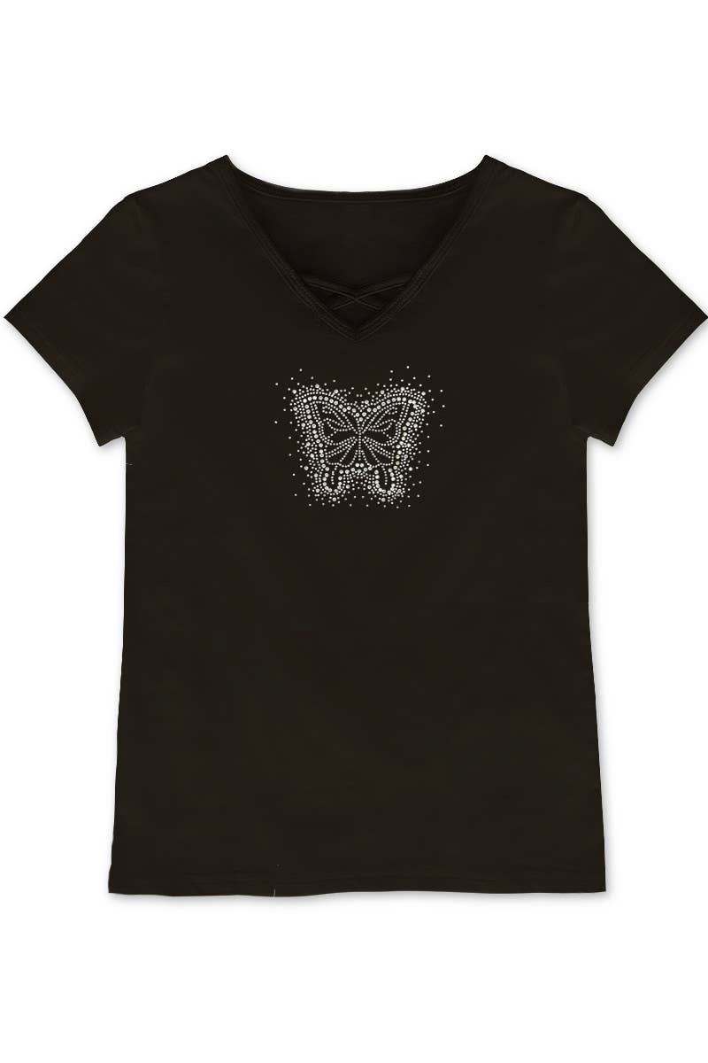 Black V-neck t-shirt with a white butterfly design on a white background