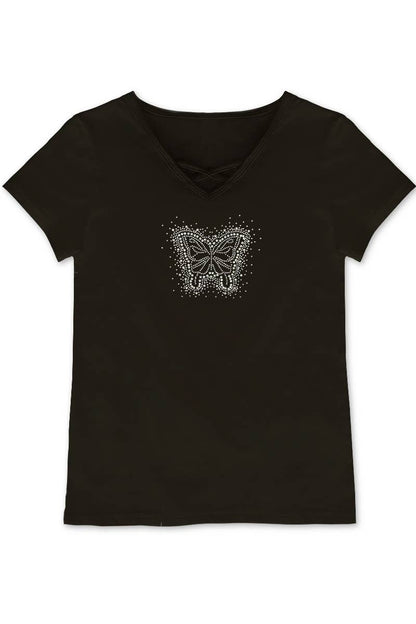 Black V-neck t-shirt with a white butterfly design on a white background