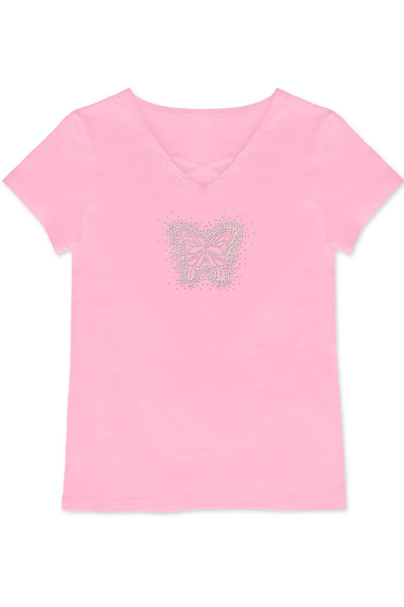 Pink t-shirt with a decorative butterfly design on a white background
