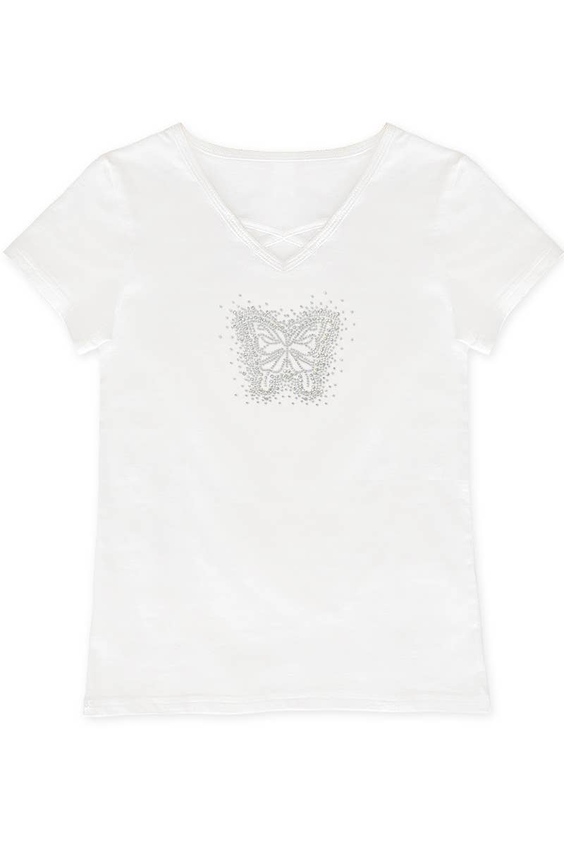 White t-shirt with a decorative silver emblem on a white background