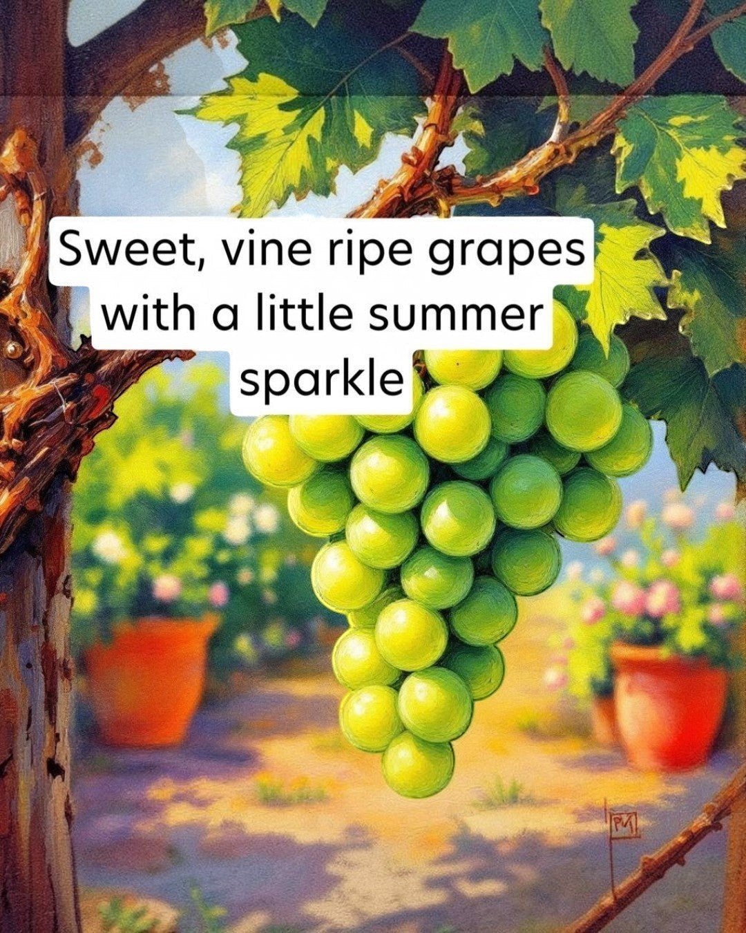 Painting of green grapes on a vine with text overlay