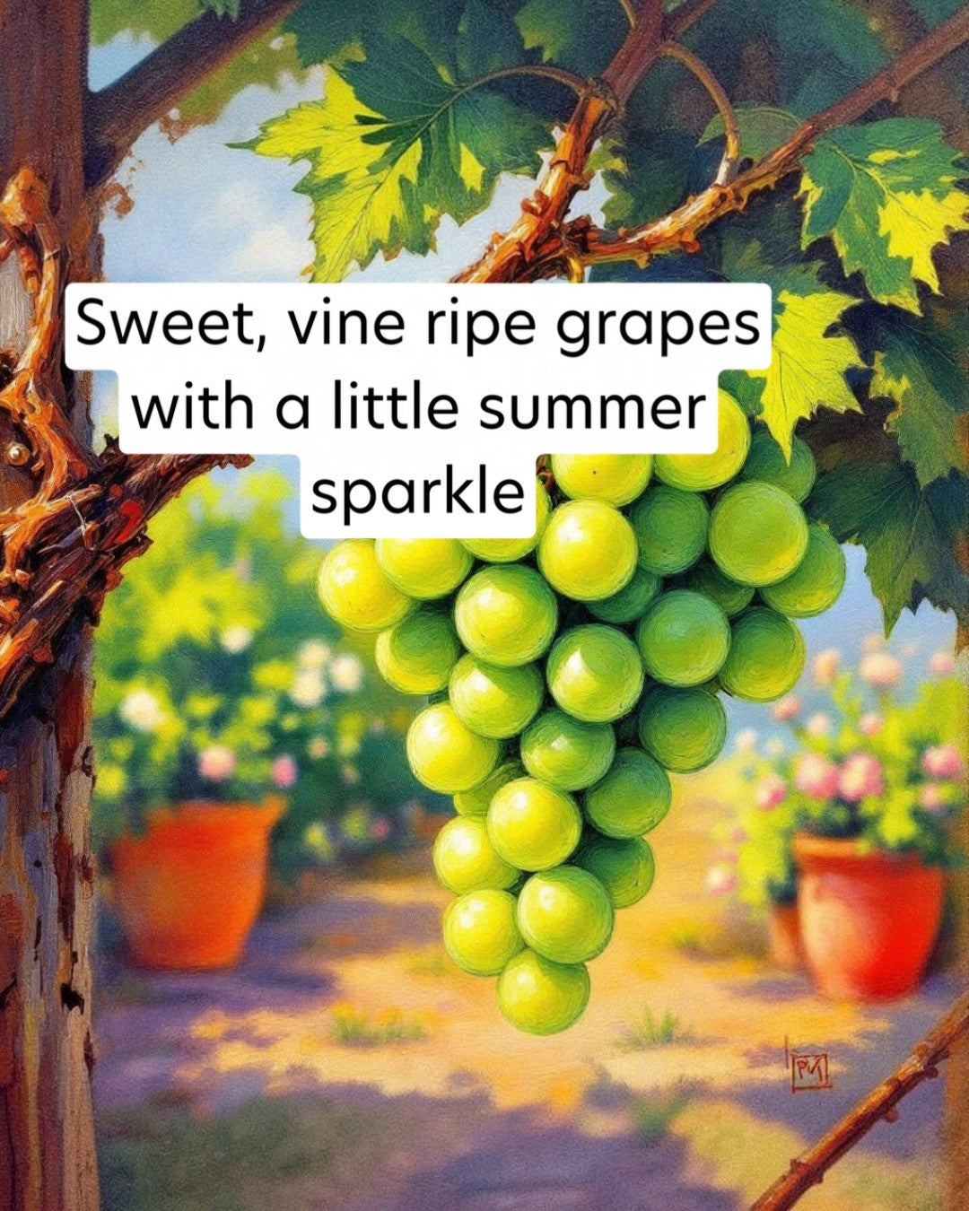 Painting of green grapes on a vine with text overlay