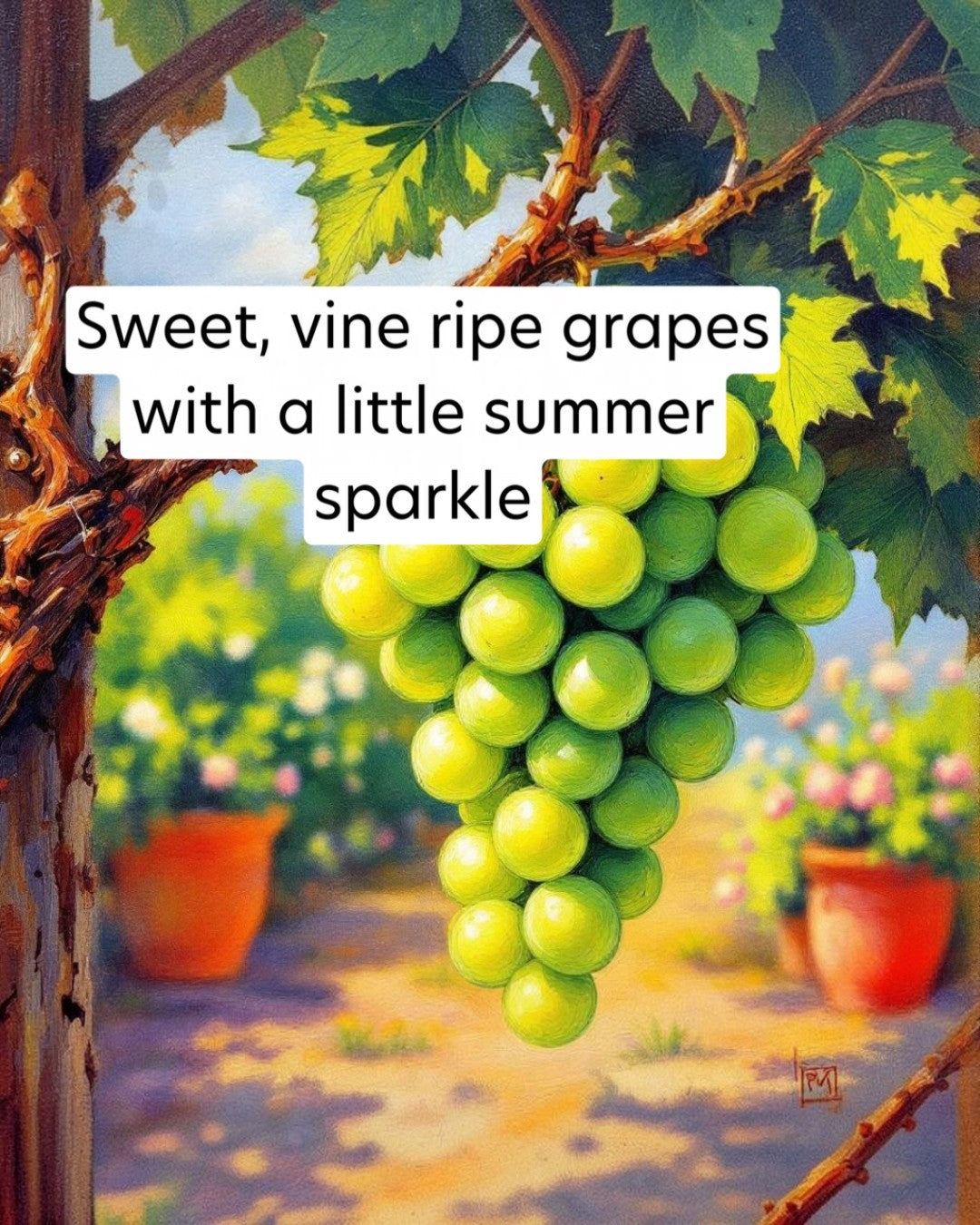 Painting of green grapes on a vine with text overlay