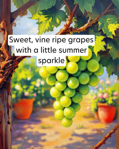 Painting of green grapes on a vine with text overlay