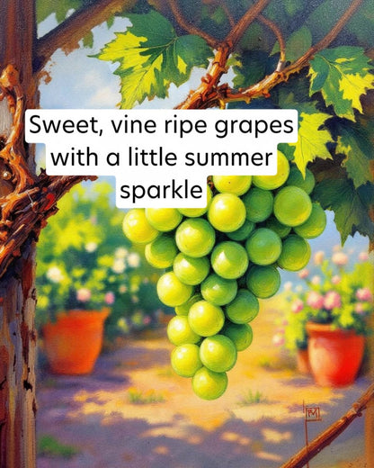 Painting of green grapes on a vine with text overlay