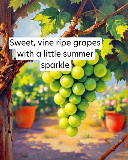 Painting of green grapes on a vine with text overlay