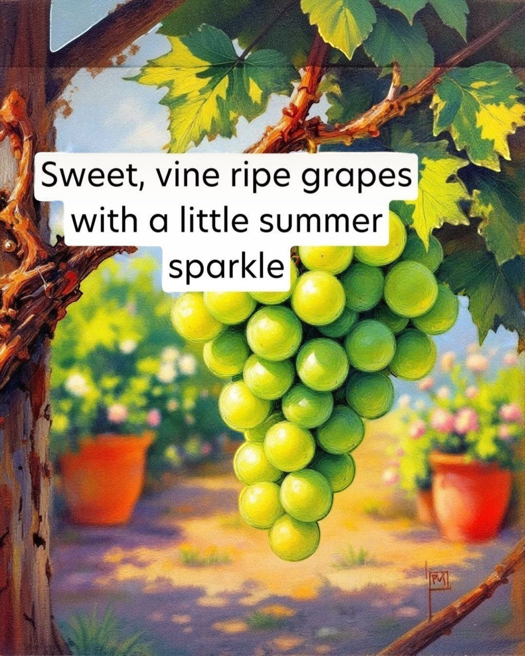 Painting of green grapes on a vine with text overlay