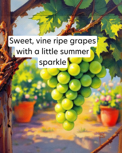 Painting of green grapes on a vine with text overlay