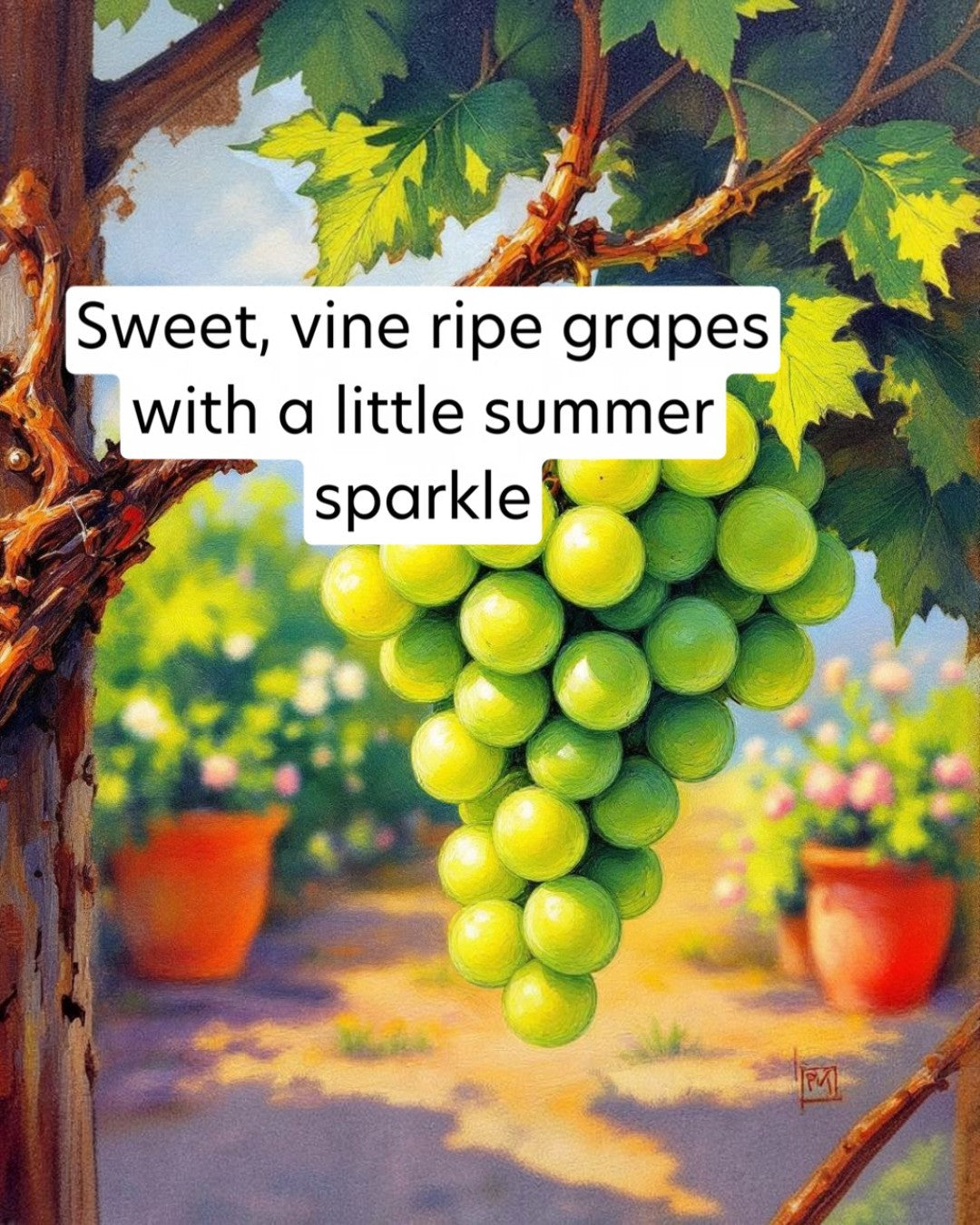Painting of green grapes on a vine with text overlay