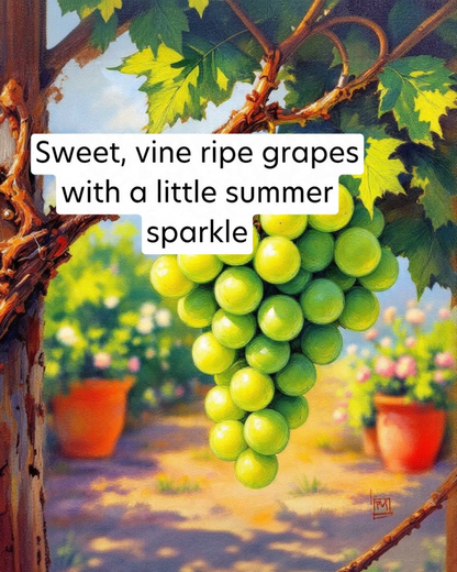Painting of green grapes on a vine with text overlay