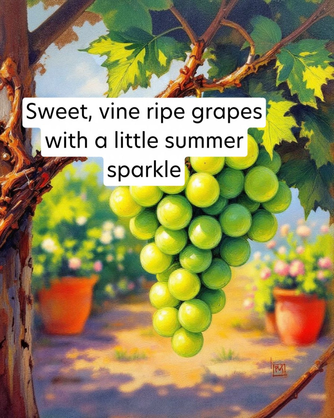 Painting of green grapes on a vine with text overlay