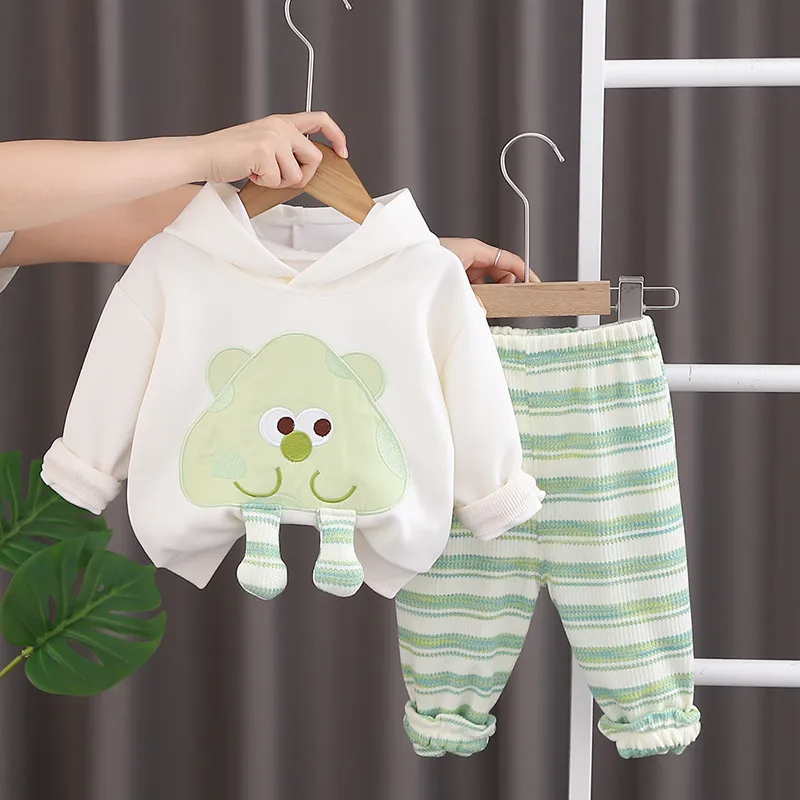 Green Cartoon Hoodie with Striped Joggers