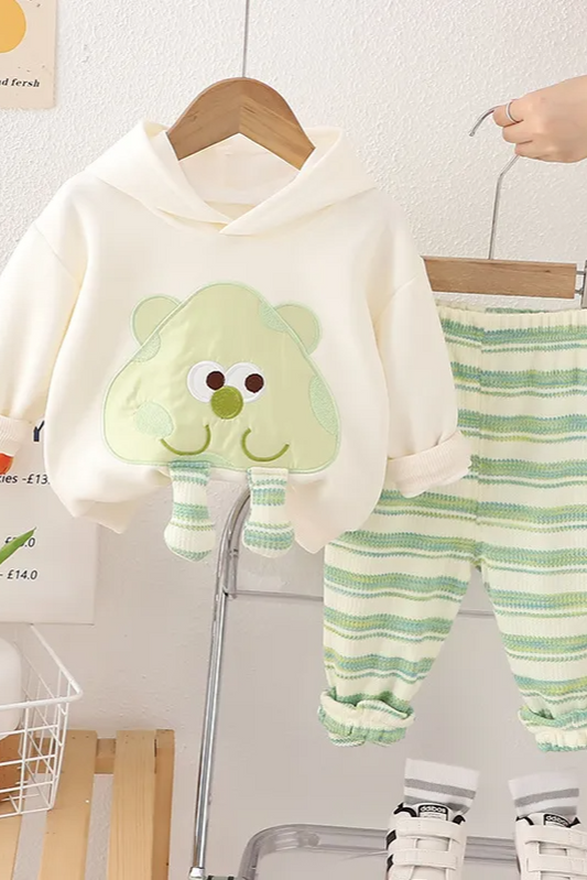 Green Cartoon Hoodie with Striped Joggers