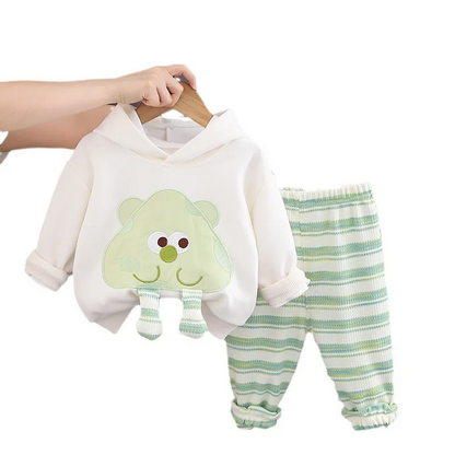 Green Cartoon Hoodie with Striped Joggers