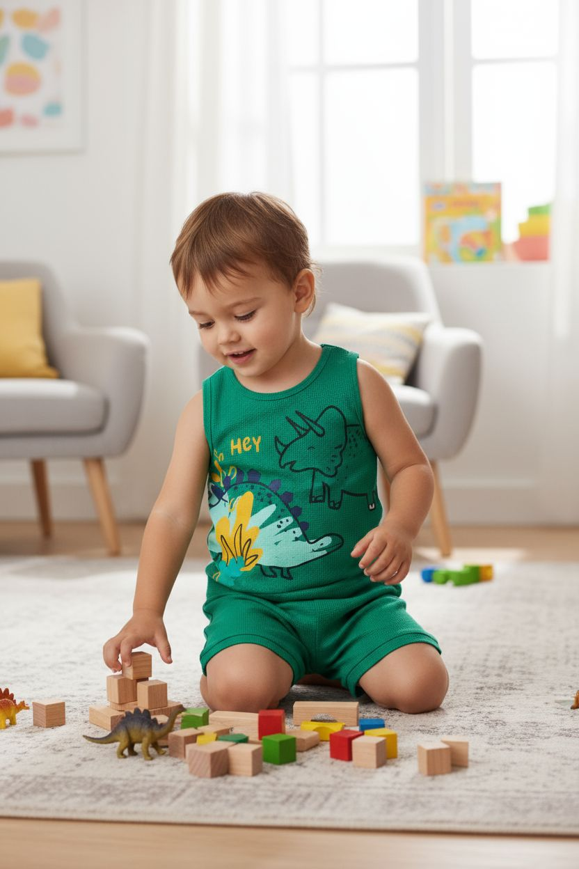 Child playing with building blocks in a room with a rug and chairs.