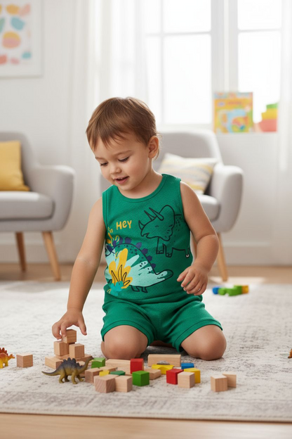 Child playing with building blocks in a room with a rug and chairs.