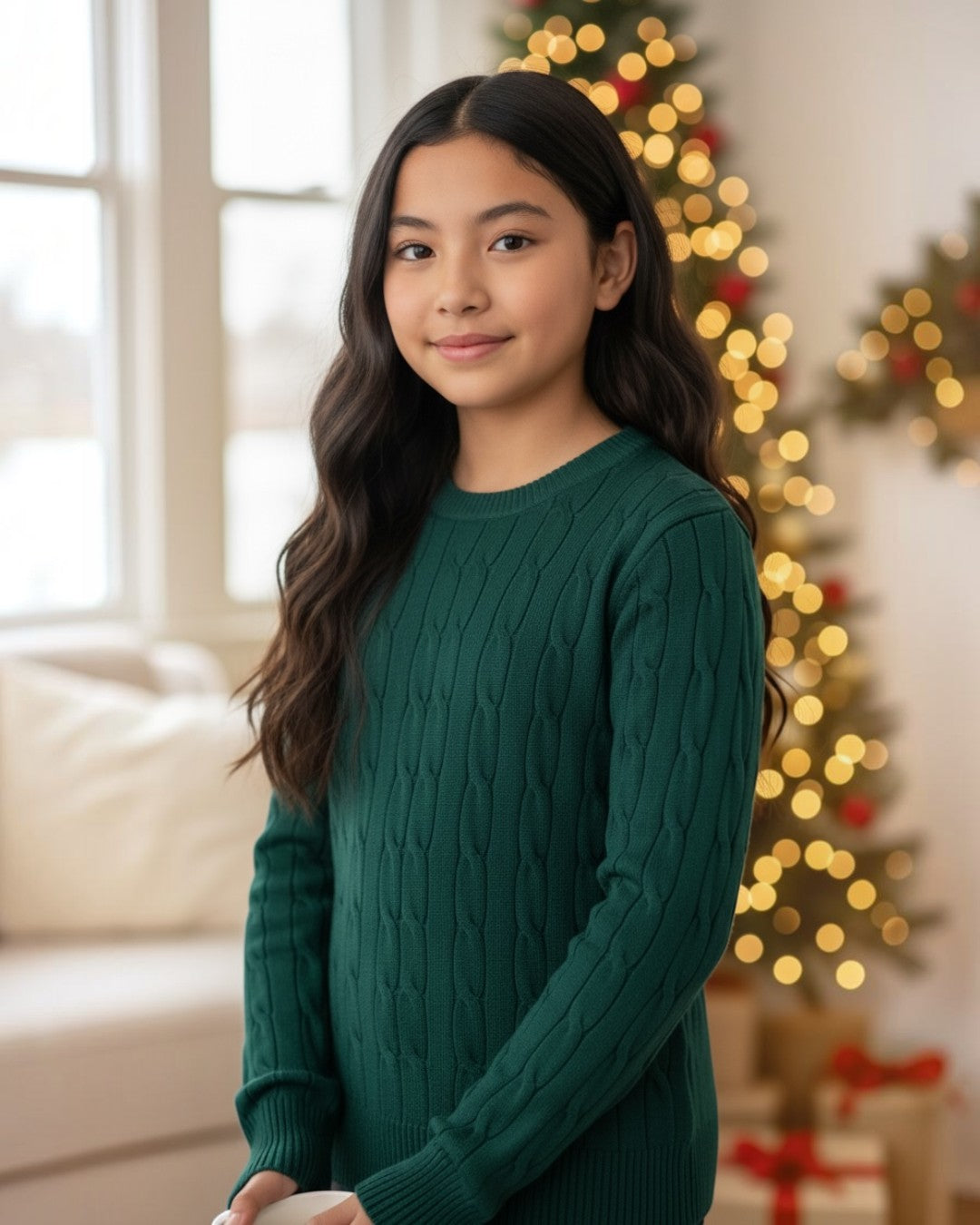 Young girl wearing a green sweater in front of a decorated Christmas tree with lights and presents.