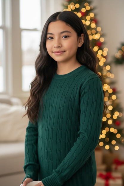 Young girl wearing a green sweater in front of a decorated Christmas tree with lights and presents.