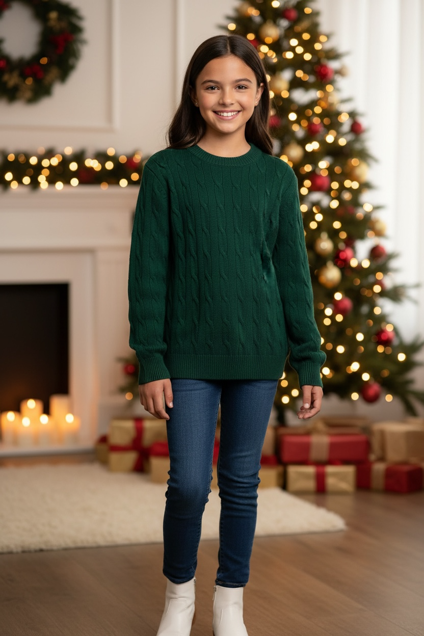 Woman wearing a green sweater in a festive room with Christmas decorations