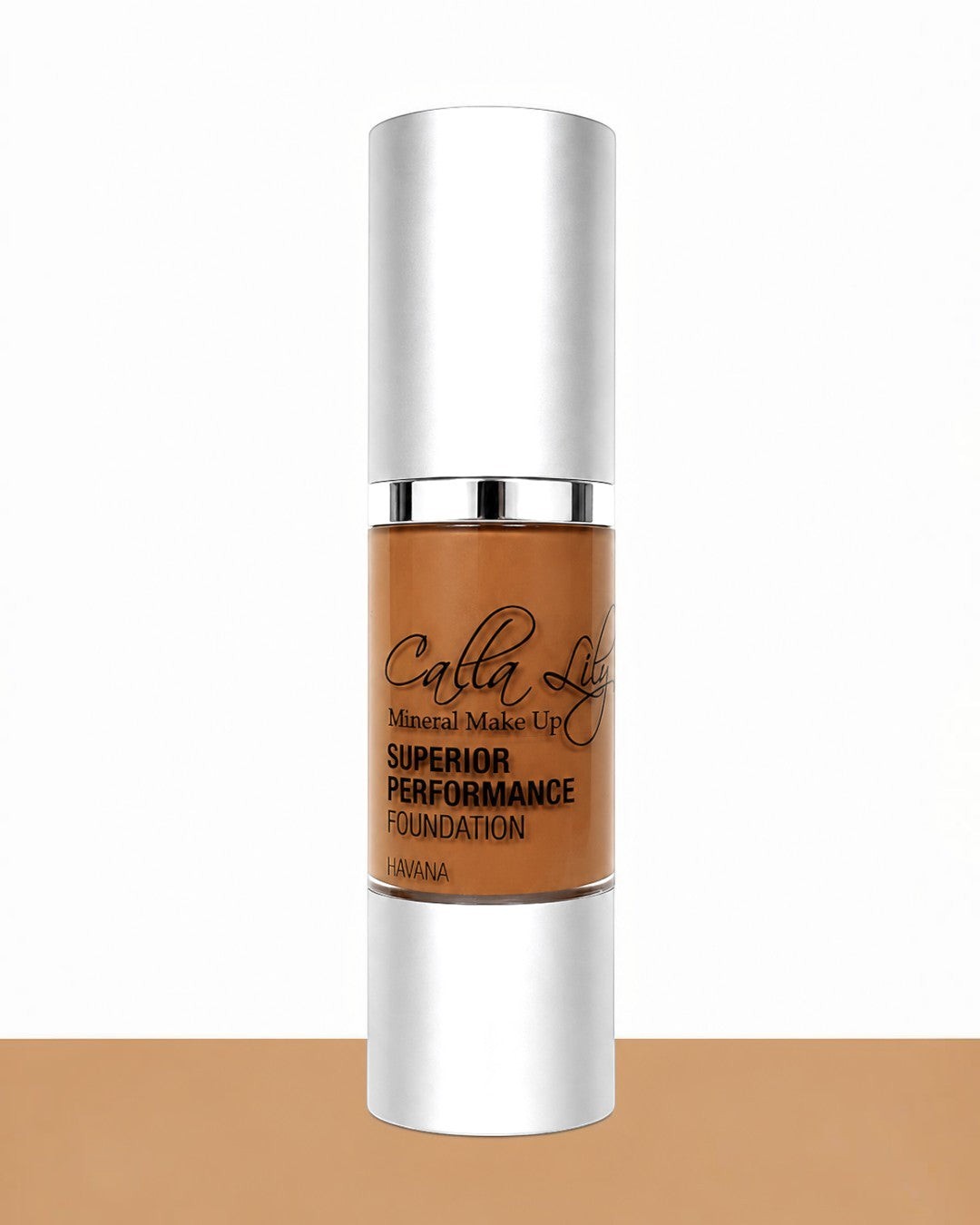Calla Lila mineral makeup foundation bottle on a beige background