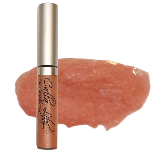 Lip gloss with a swatch of color on a white background