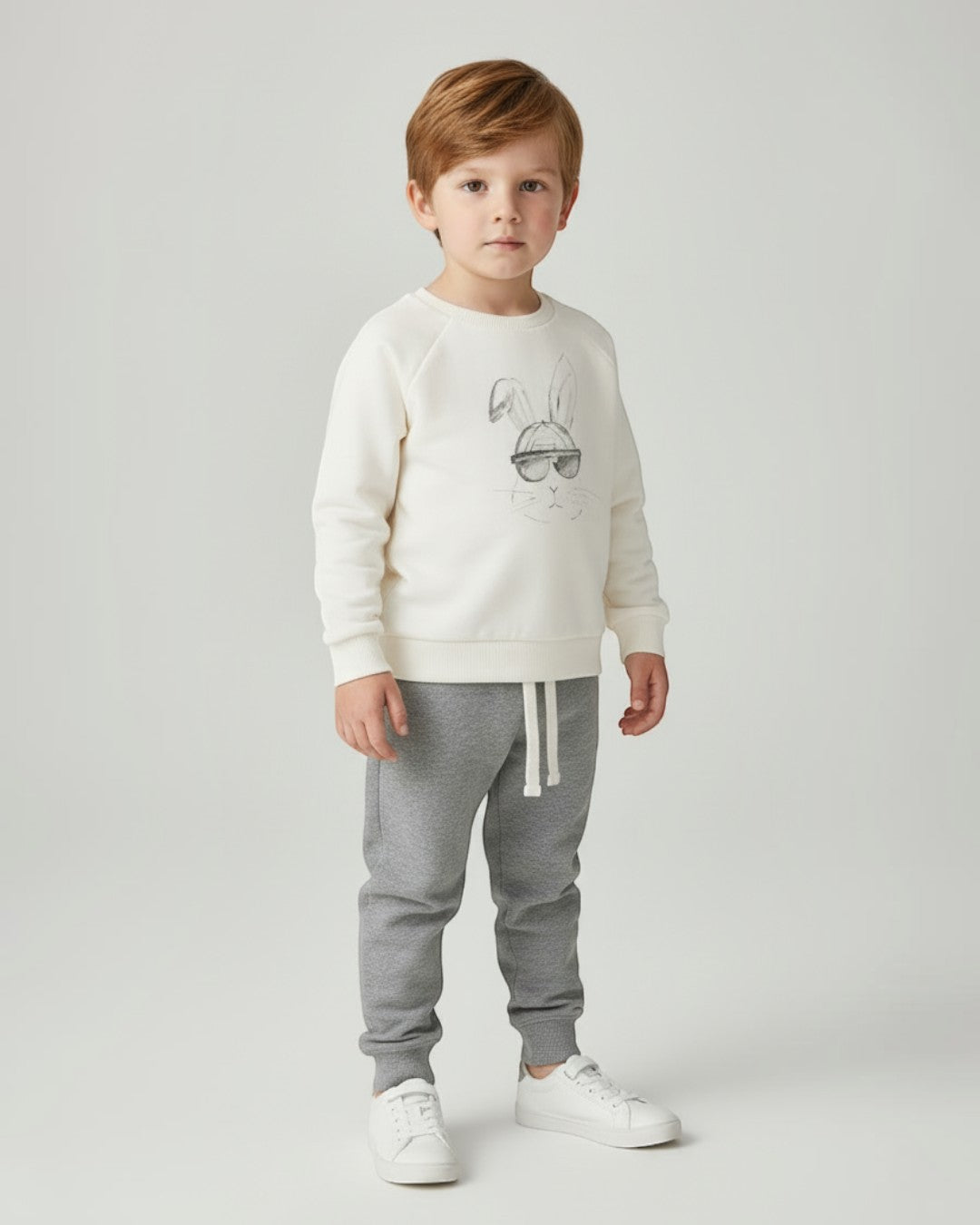Children's outfit with cream sweatshirt and gray jogger pants on a white background