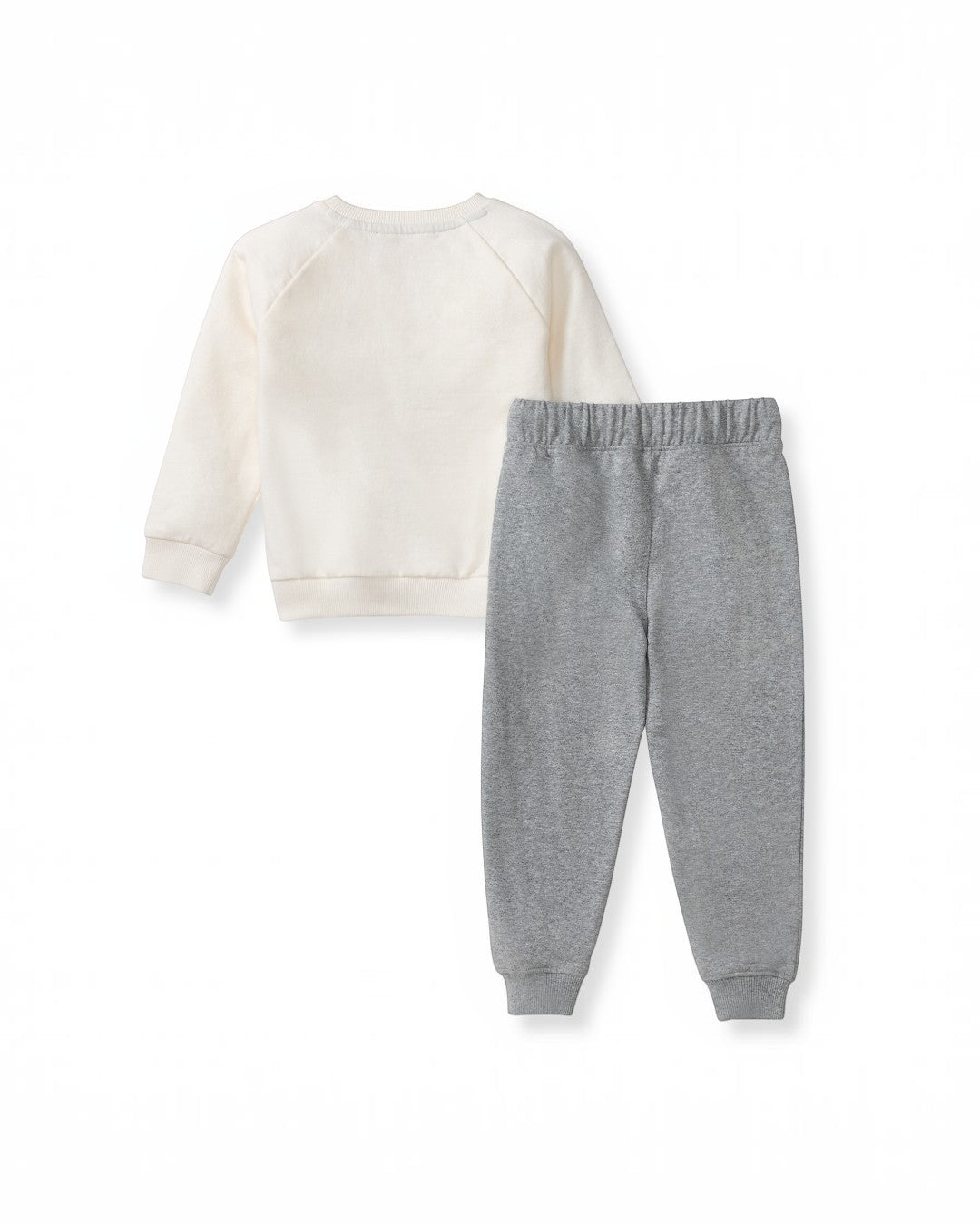 White sweatshirt and gray jogger pants on a white background