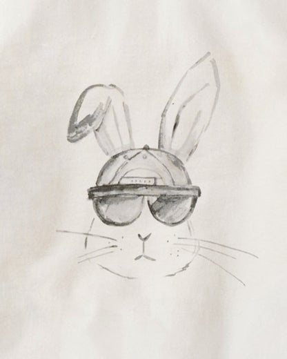 Pencil drawing of a rabbit wearing sunglasses on a beige background