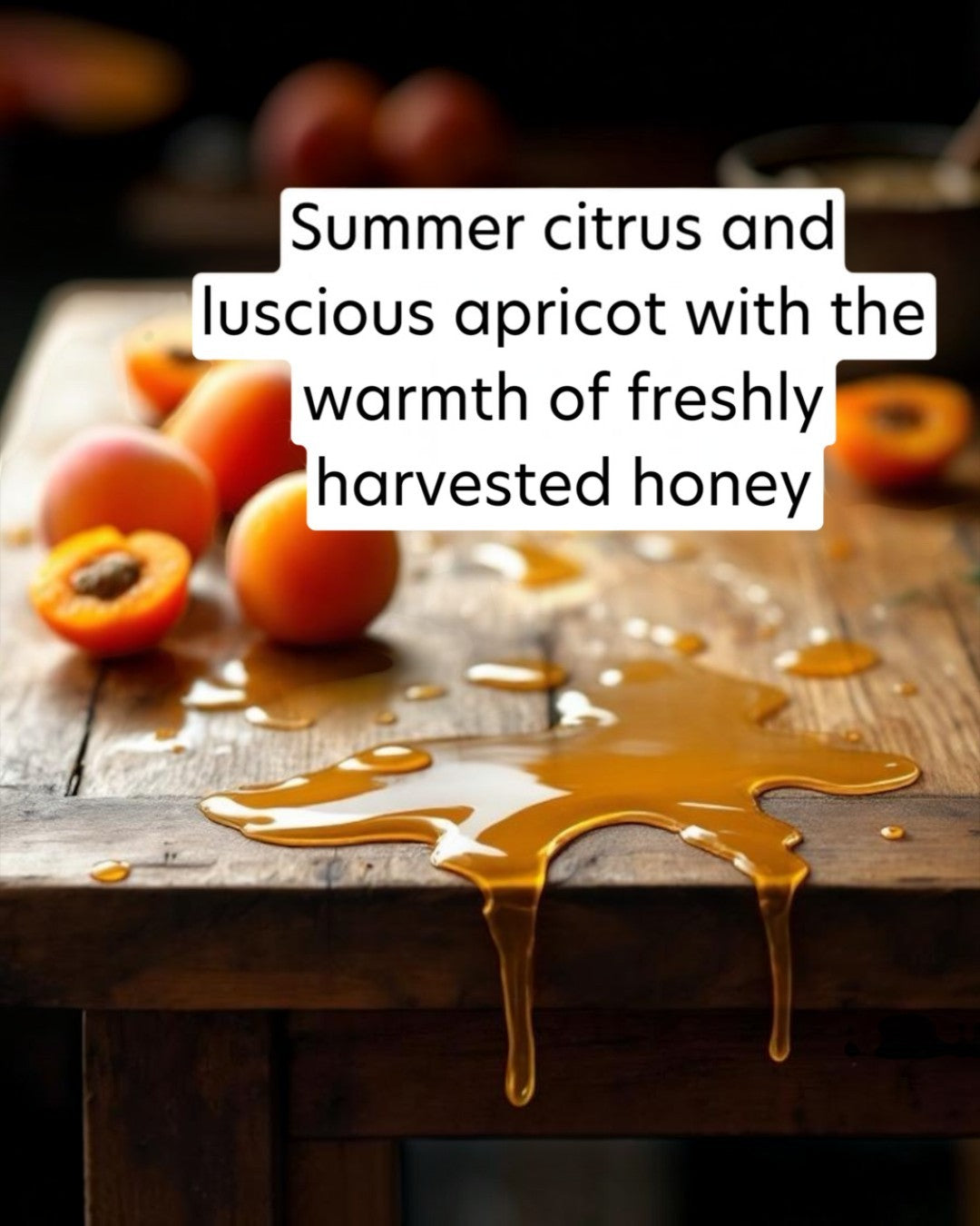 Honey drizzling onto a wooden surface with apricots in the background