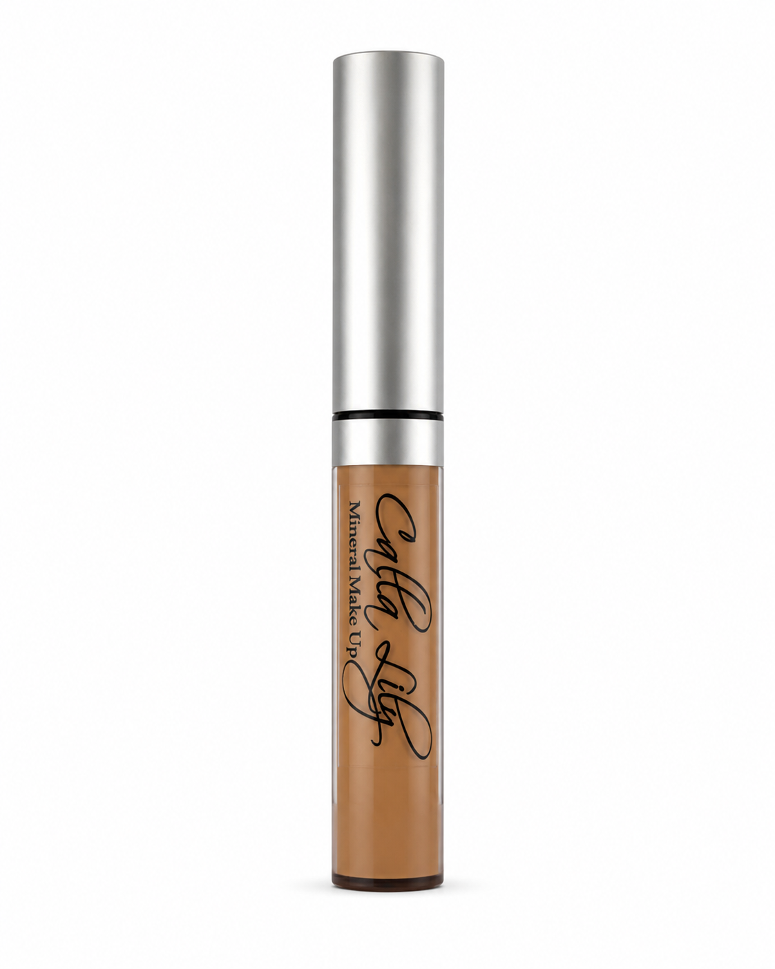 Concealer bottle with silver cap and brown body on a white background