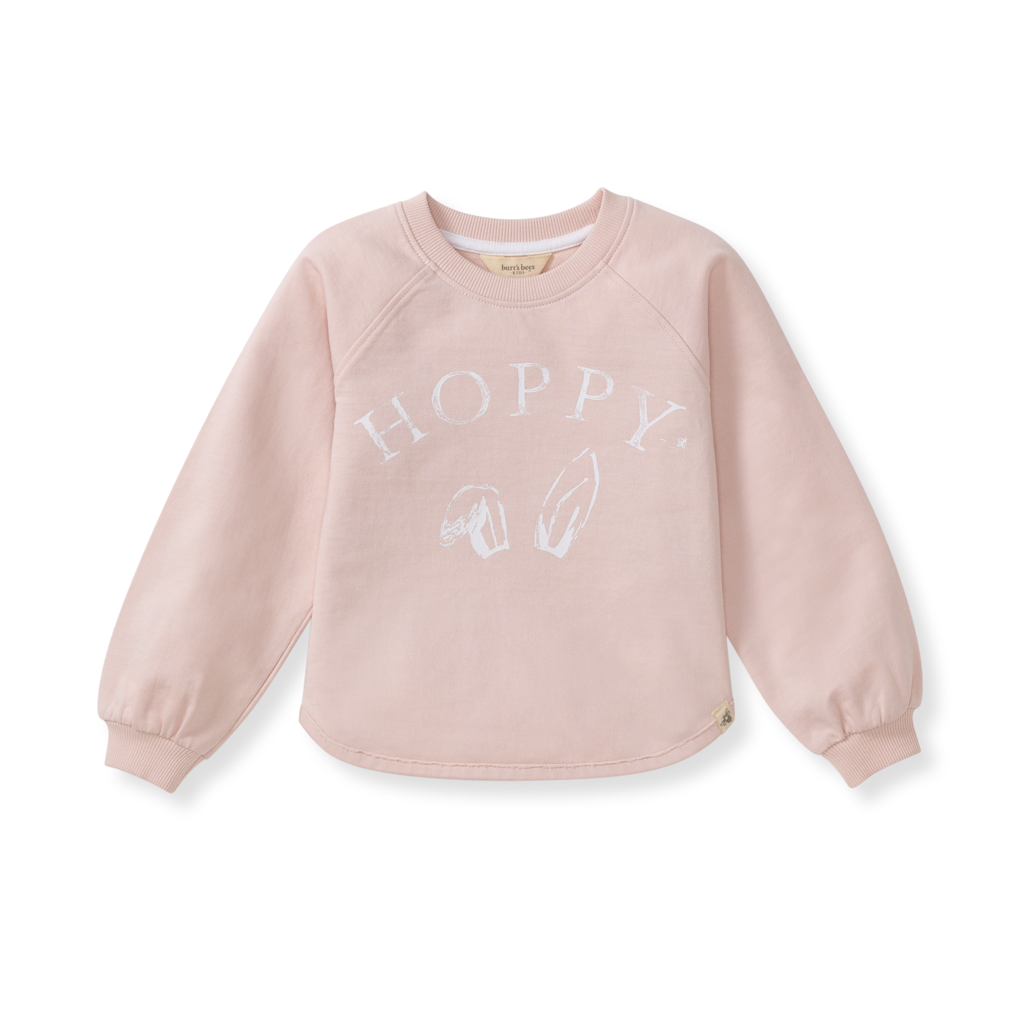 Pink sweatshirt with 'HOPPY' text on a white background