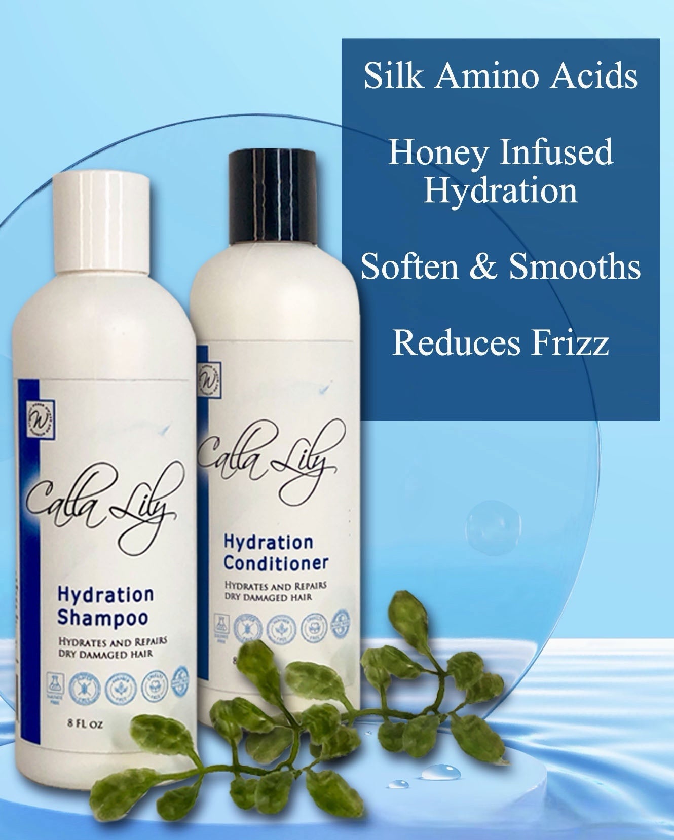 Cala Lily shampoo and conditioner bottles with text on a blue background