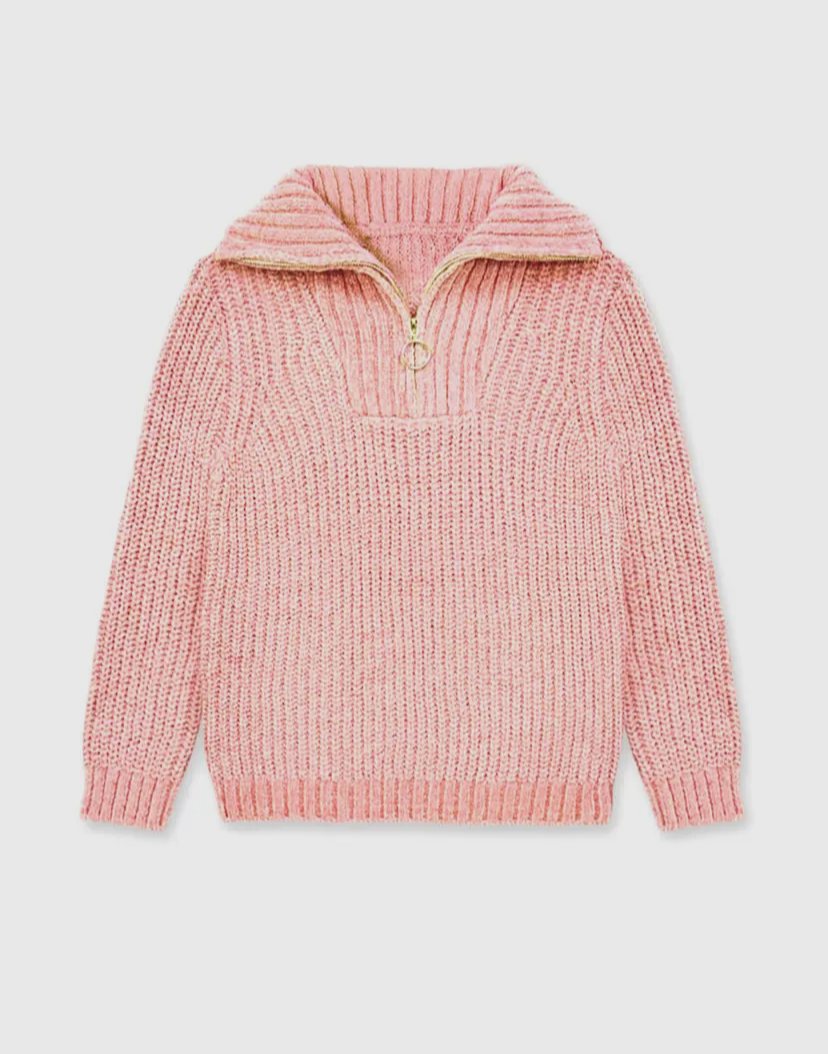 Girl's Pullover Pink Sweater w/ Zip Front