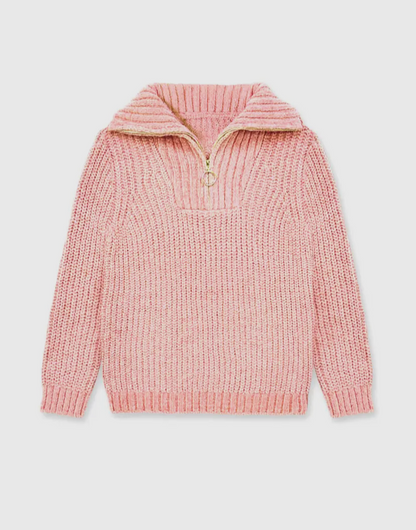 Girl's Pullover Pink Sweater w/ Zip Front