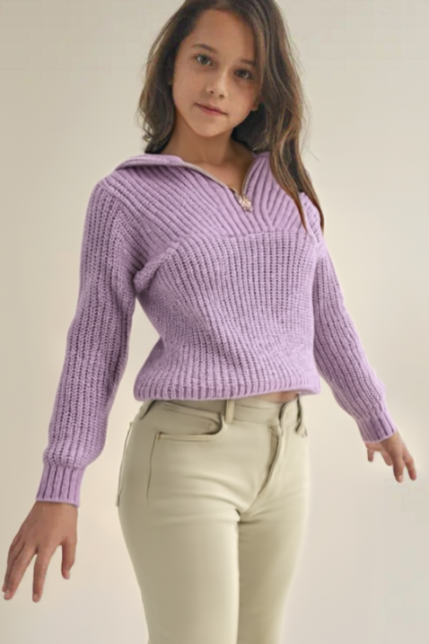 Girl's Pullover Lilac Sweater w/ Zip Front