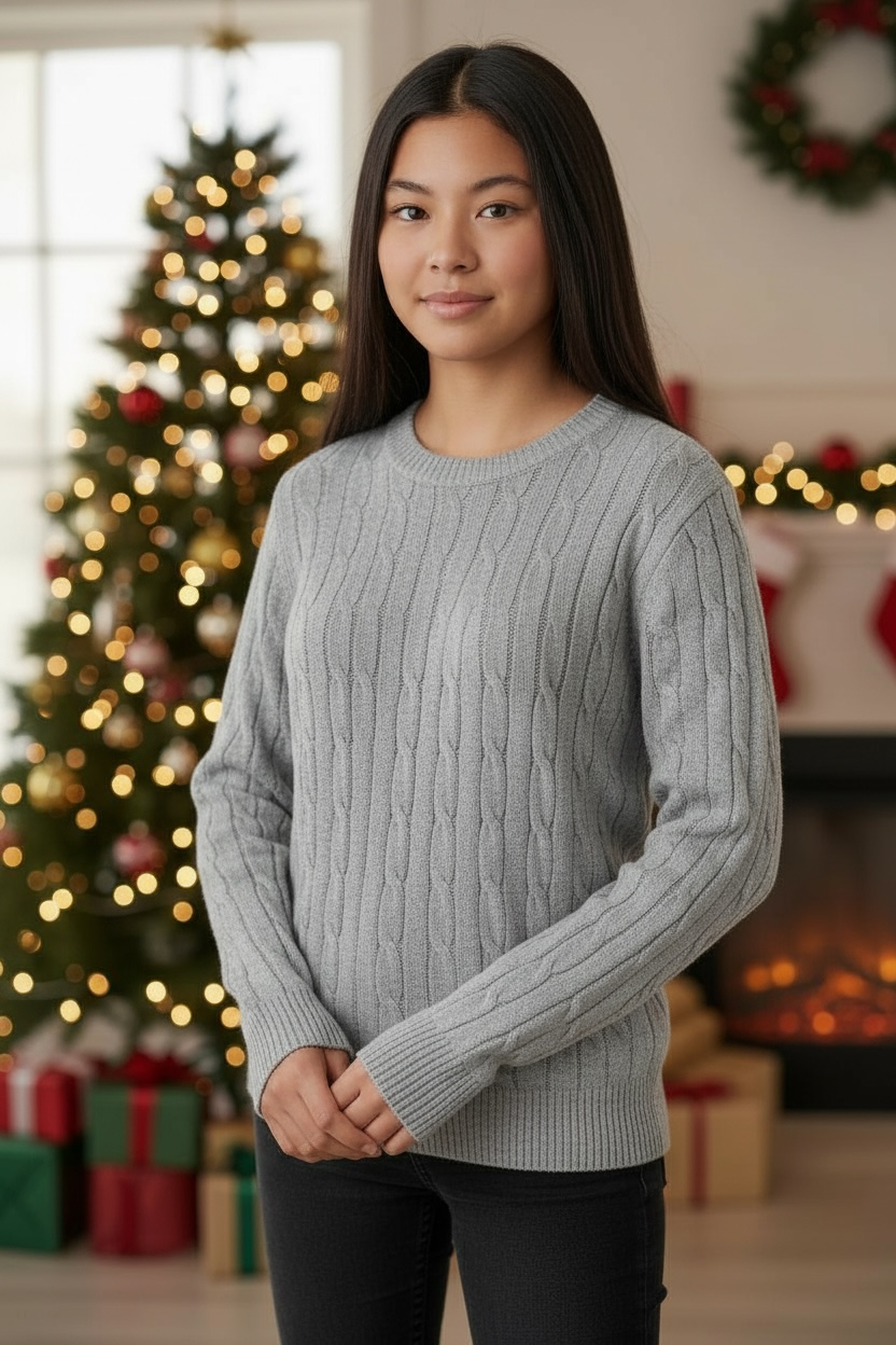 Grey Long Sleeve Cable Sweater