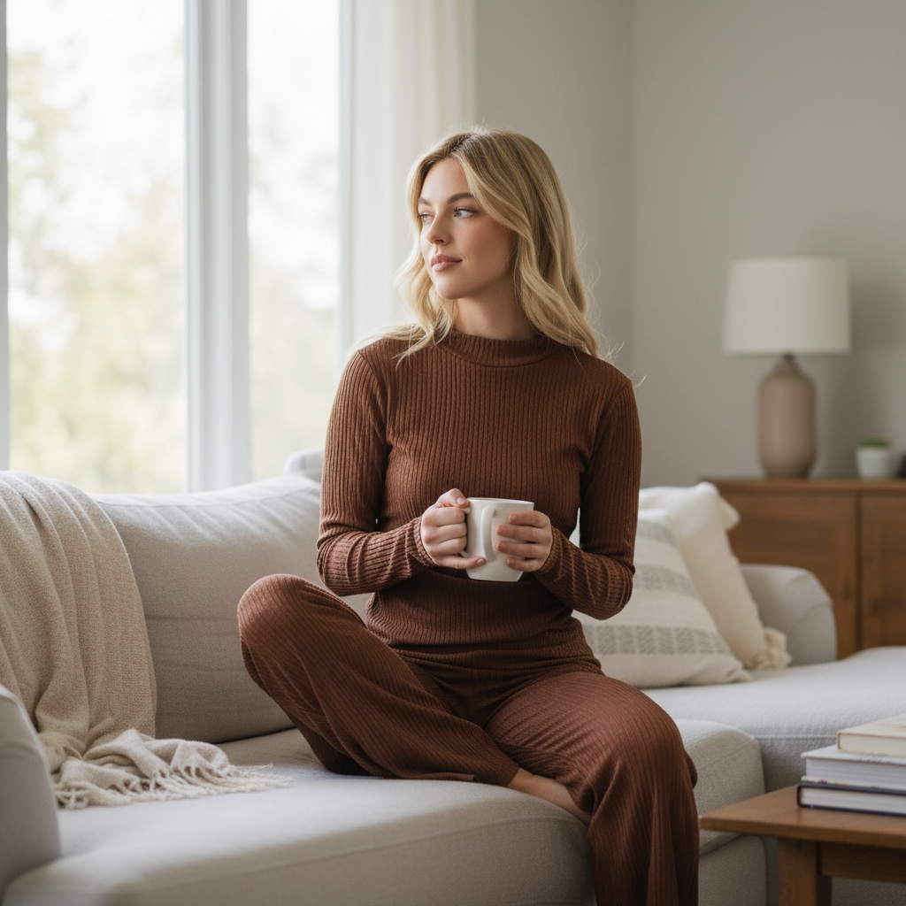 Brown - Long Sleeve Draped Top and Flare Pants
