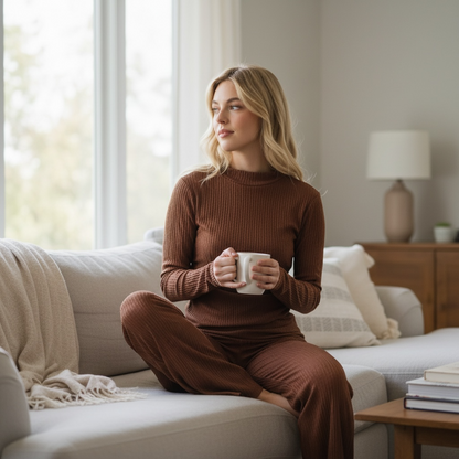 Brown - Long Sleeve Draped Top and Flare Pants