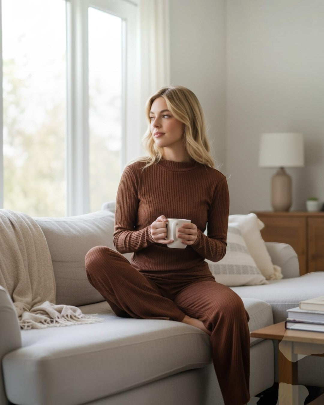 Brown - Long Sleeve Draped Top and Flare Pants