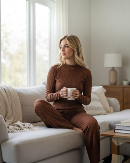 Brown - Long Sleeve Draped Top and Flare Pants