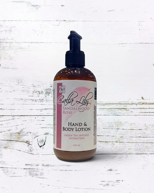 Calla Lily Cosmetics + CL kids Sandalwood Rose hand and body lotion in an amber pump bottle on a soft pink background.