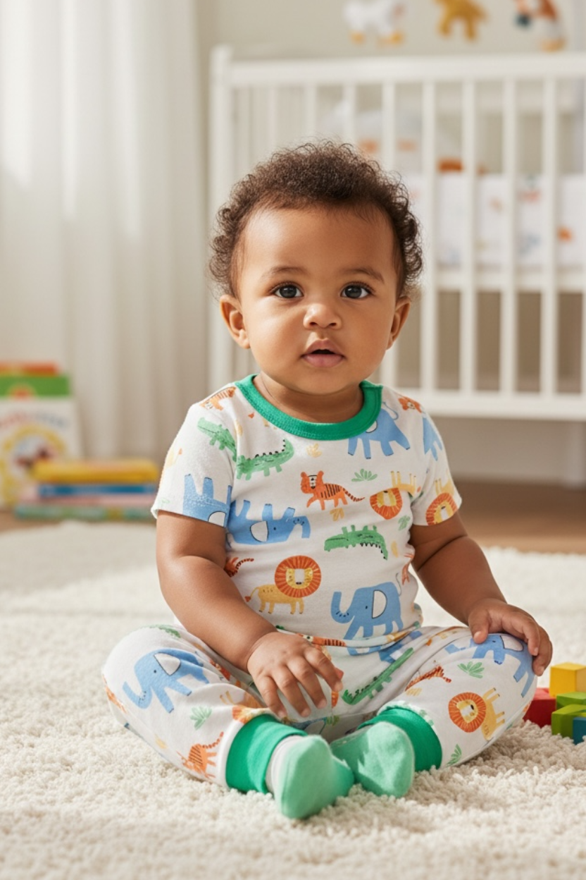 Baby sitting on a carpeted floor in a nursery with toys and a crib in the background.