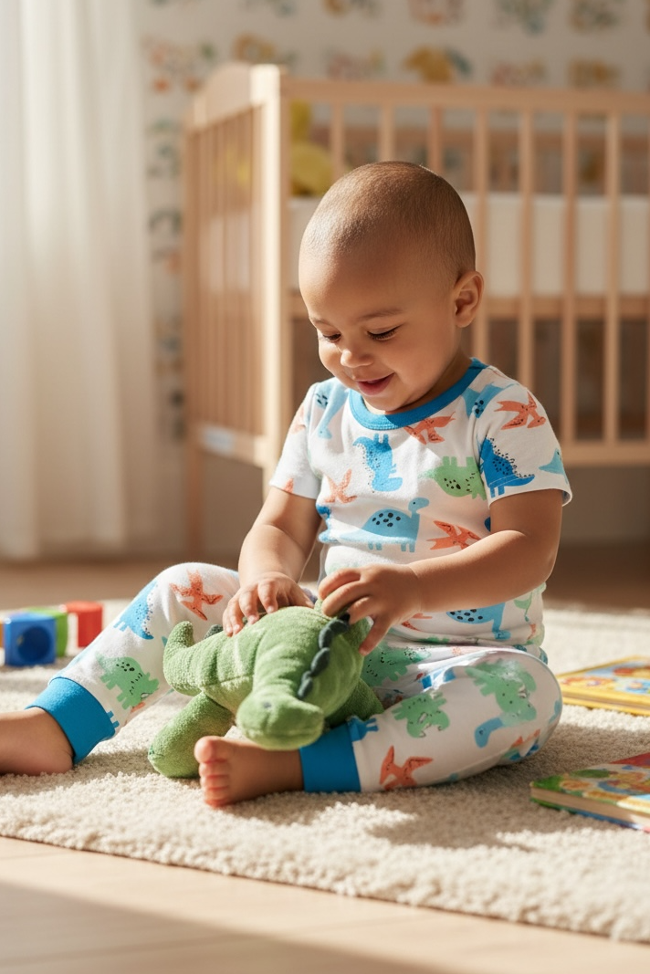 Baby playing with a green toy in a nursery