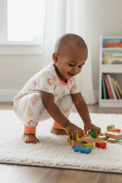 Child playing with colorful blocks on a rug in a room with books and a window.