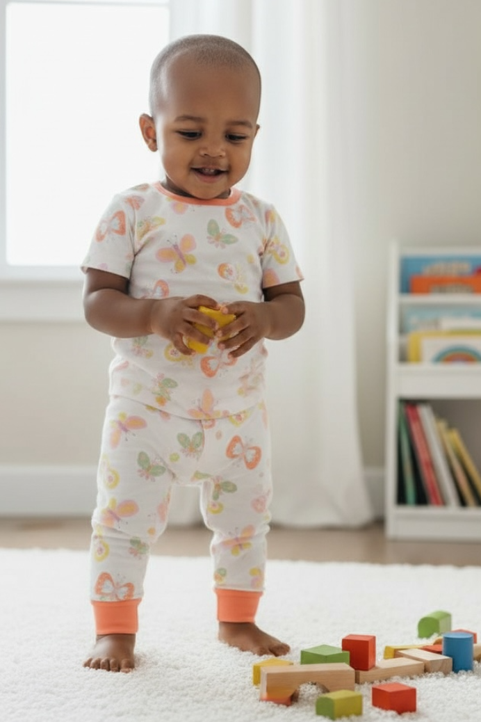 Child playing with toys on a rug in a room with books and a window.