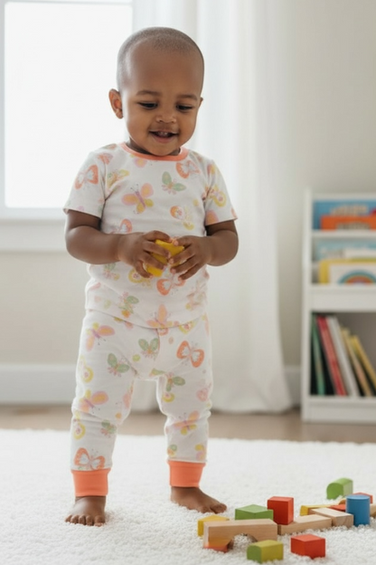 Child playing with toys on a rug in a room with books and a window.