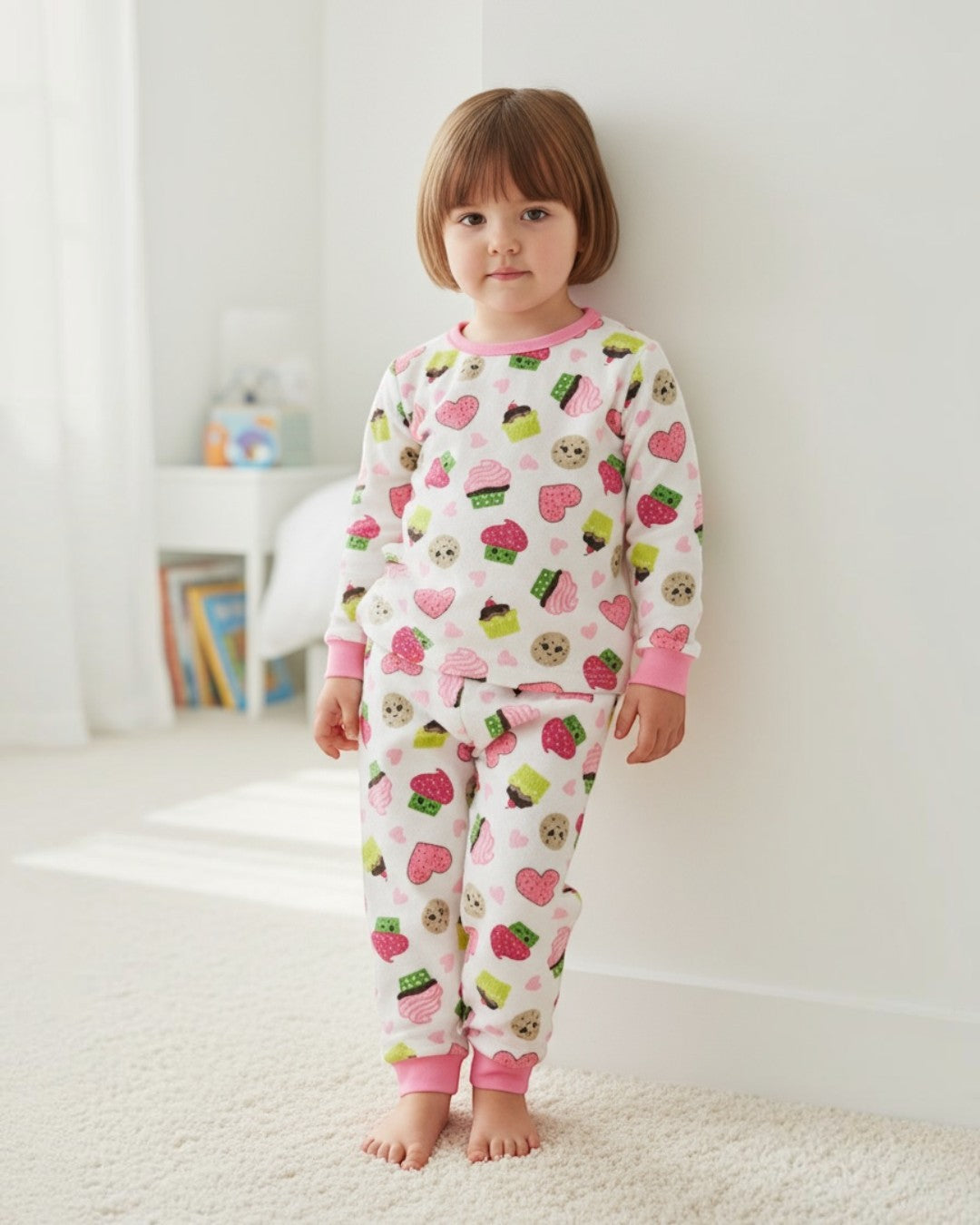 Child wearing a colorful pajama set with various patterns in a room.