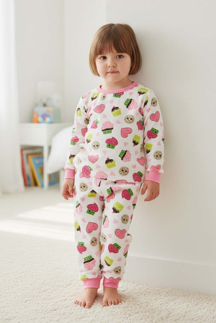 Child wearing a colorful pajama set with various patterns in a room.