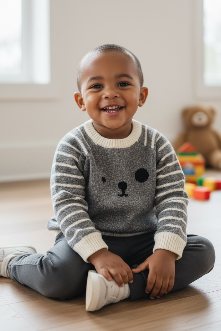 Child sitting on a wooden floor wearing a striped sweater with a bear design, surrounded by toys.