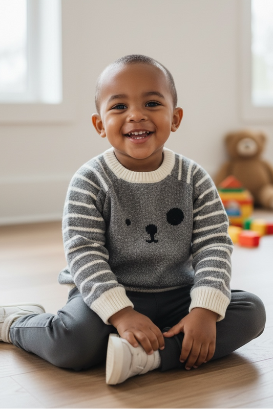 Child sitting on a wooden floor wearing a striped sweater with a bear design, surrounded by toys.
